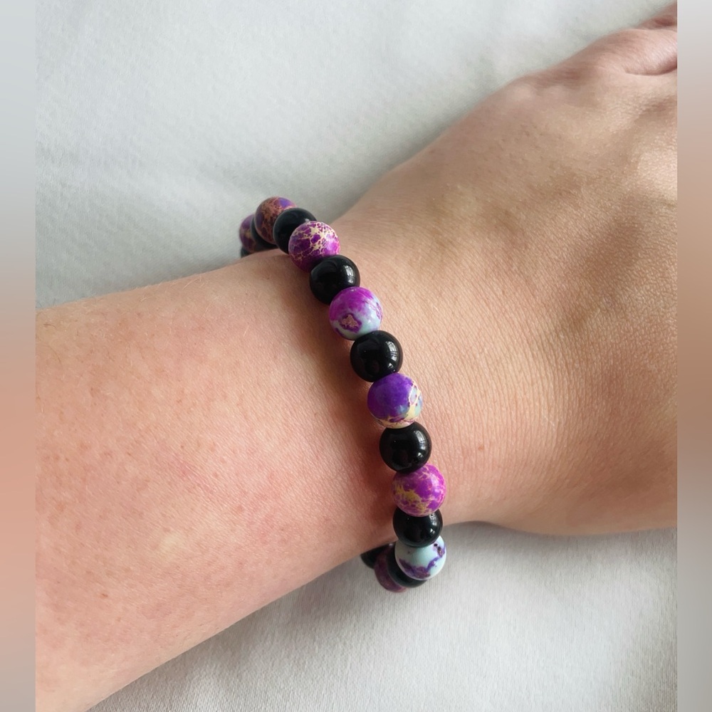 Handmade purple imperial jasper and black glass beaded bracelet